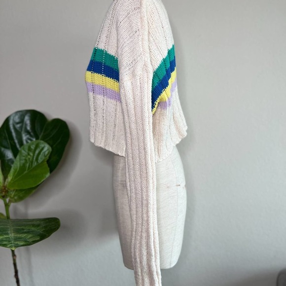 Crop Knit Sweater Pullover Striped Drop Shoulder Long Sleeve - Picture 7 of 9